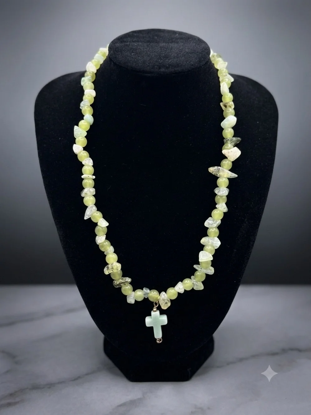 Green Gemstone Beaded Necklace with Cross Pendant